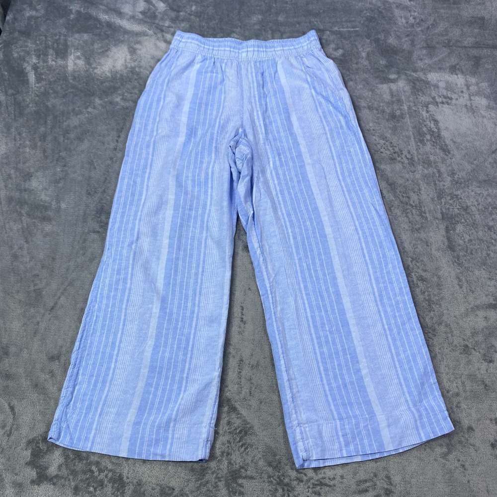 Tahari Wide Leg Pants Womens XS Blue Linen Blend Stripe Pull On Coastal Beach